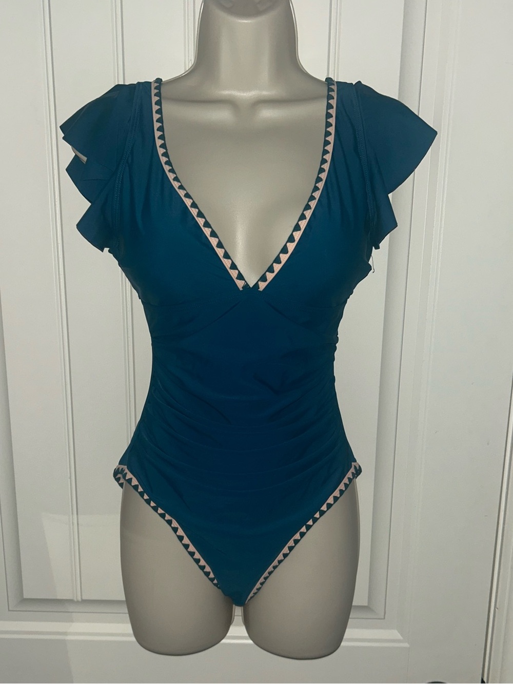 NWT Aidonger Teal & Peach Ruffle Aleeve One Piece Swimsuits Women’s Sz S